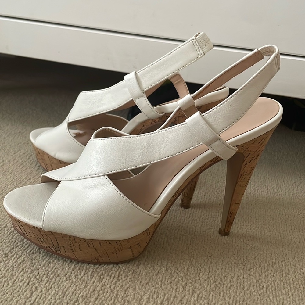 White peep toe platform cork heels
